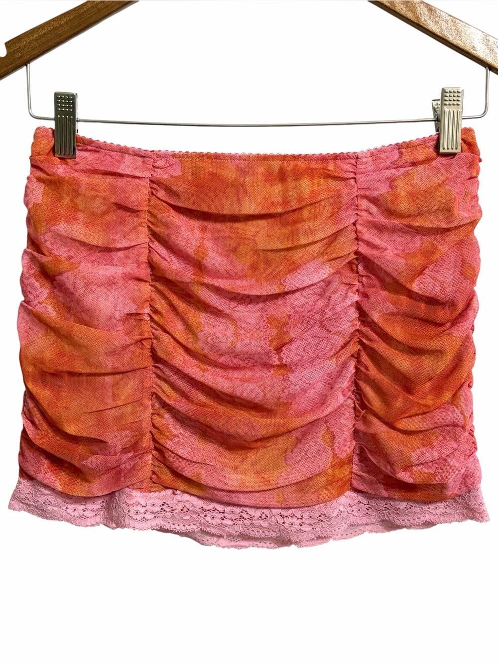I.AM.GIA Floral Mesh Bodycon Mini Skirt Womens S Lace Hem Ruched Festival Rave